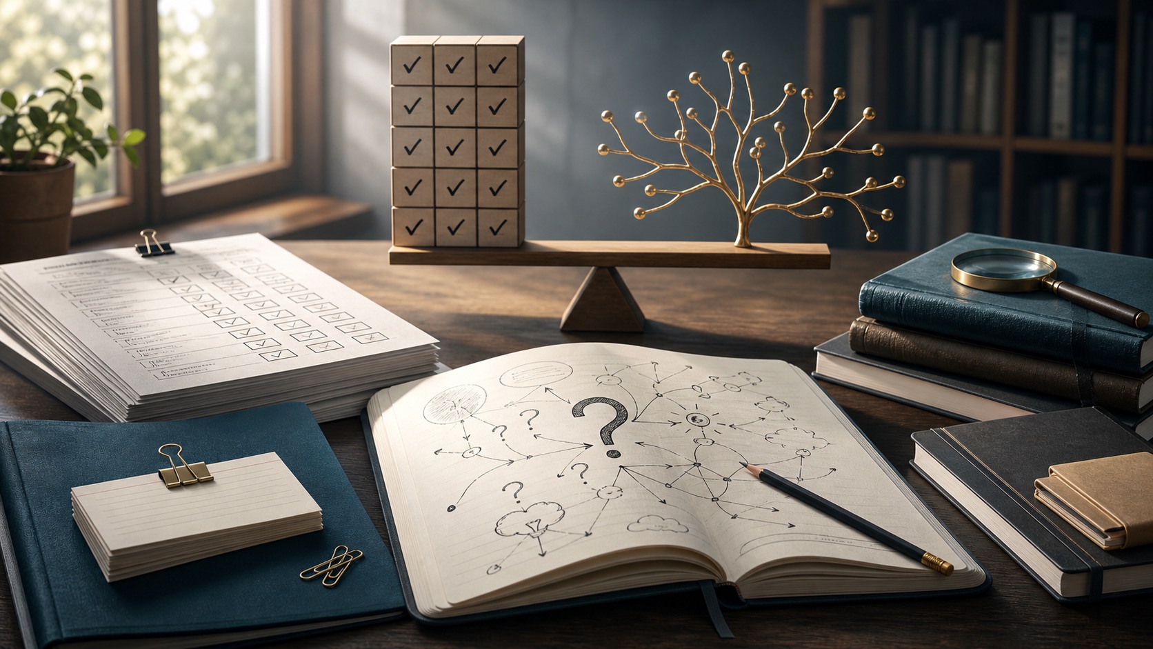 Research desk with books, notes, diagrams, and a magnifying glass